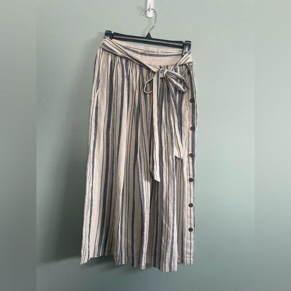 Zara Basics White and Blue Midi Linen Skirt with Tie Front and Side Buttons Sz M - Picture 1 of 6